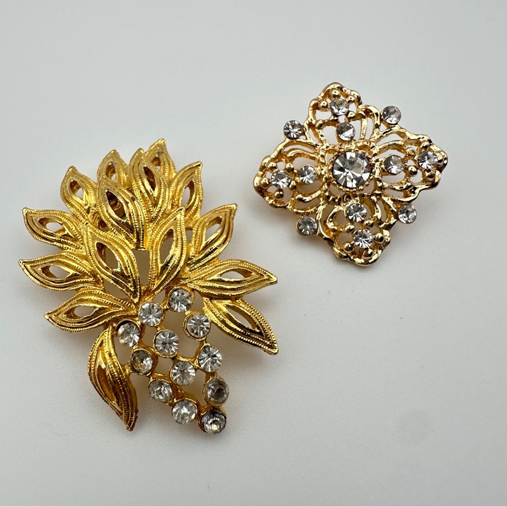 Vintage Rhinestone Gold Tone Brooch Pins Bundle of 2 Estate Costume Jewelry Lot - Picture 2 of 10